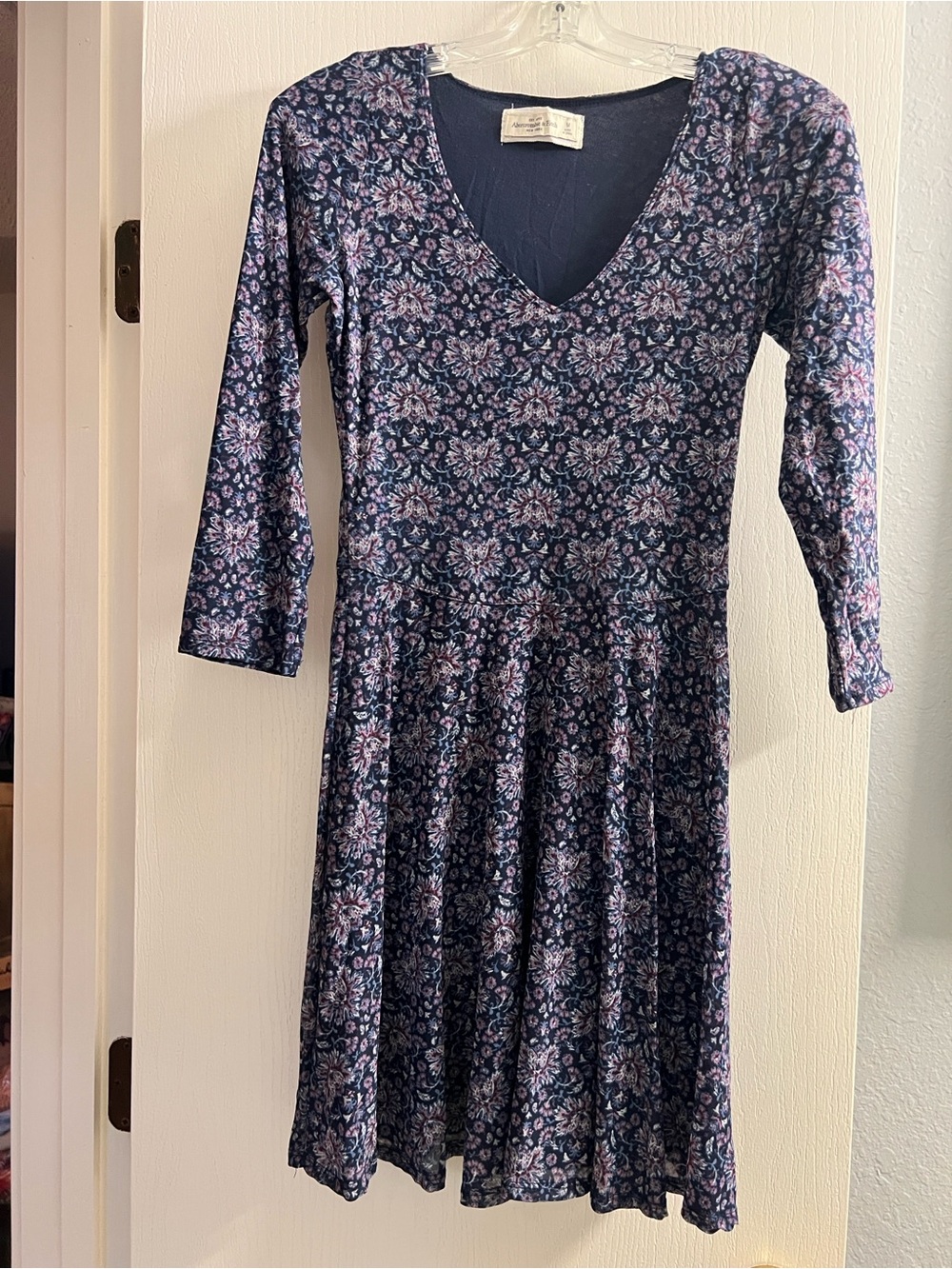 Abercrombie & Fitch Navy Floral Long Sleeve Fit-and-Flare Dress